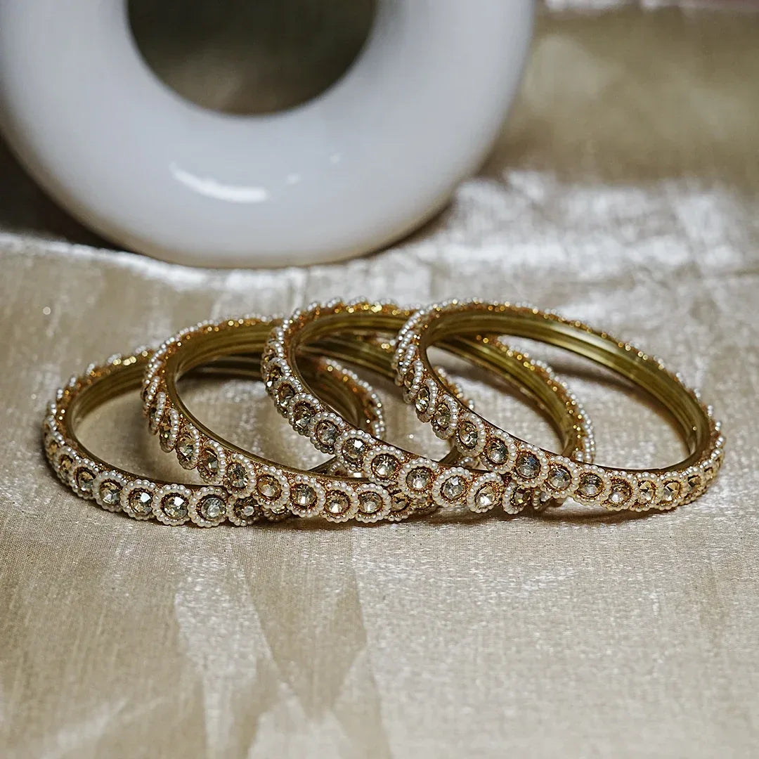 Traditional Designer Glass Kada Bangles | Kundan Pearl Studded (Pack of 4) - The Golden Cascade